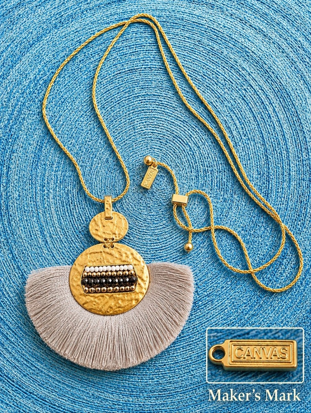 Canvas Gold Beaded Fringe Tassel Fan Pendant Lariat Drop Necklace Boho Tribal